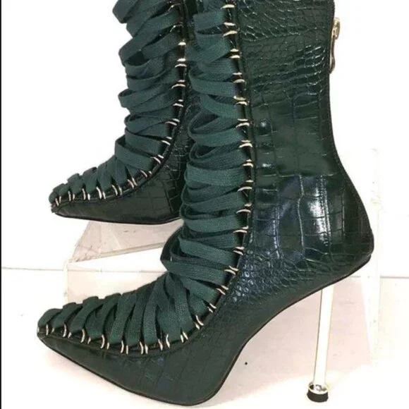 Azalea Wang Lace-Up Stiletto Boots, Size 7.5, Gold Heel, Statement Glam - Picture 3 of 6